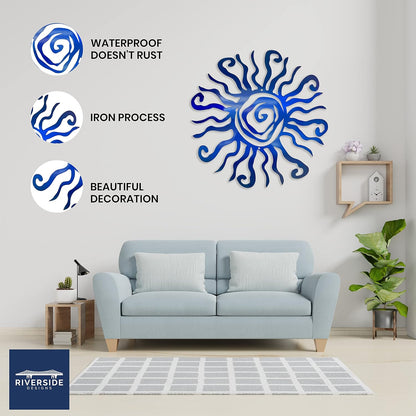 Riverside Designs Wacky Sun Metal Wall Art Indoor/Outdoor Decor - 30" Blue Rust Proof Wall Sculpture - Made in USA - Ideal for Bedroom, Garden, Home, Patio and Farmhouse