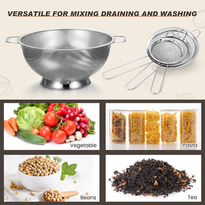 Norme 5 Quart Stainless Steel Silver Colander and 3 Pcs Silver Fine Mesh Strainer, Stainless Steel Pasta Rice Food Metal Strainer with Handles, Easy Clean and Dishwasher Safe