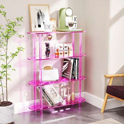 Clear Bookshelf, Acrylic Bookcase with Open Book Shelf Console Table for Entryway Office (4 Tier Pink)
