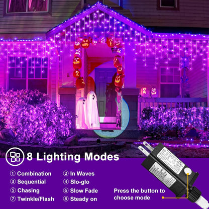 66ft Purple Halloween Lights Outdoor, 640 LED Icicle Lights for Outside Indoor Twinkle Lights with Connectable Clear Wire 8 Modes Timer Waterproof for House Party Tree Holiday Yard Decorations