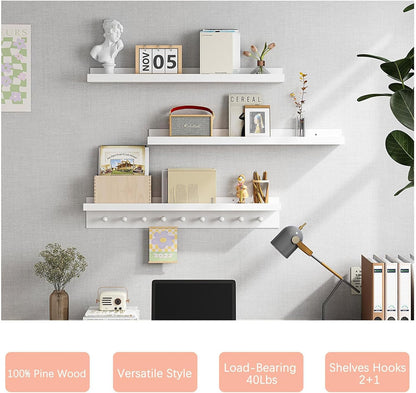 MBYD White Floating Shelves for Wall with Hooks, Nursery Book Shelves for Kids Room, 36 Inch Wall Mount Bookshelf for Living Room Bedroom Bathroom Kitchen, Hanging Picture Ledge Shelf Set of 3