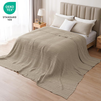 PHF 100% Cotton Waffle Blanket Oversized King 120"x120", Lightweight Breathable Extra Large 10'x10' Summer Blankets for Bed, Giant Big Luxury Aesthetic Woven Bedding for Home Decor, Simply Taupe
