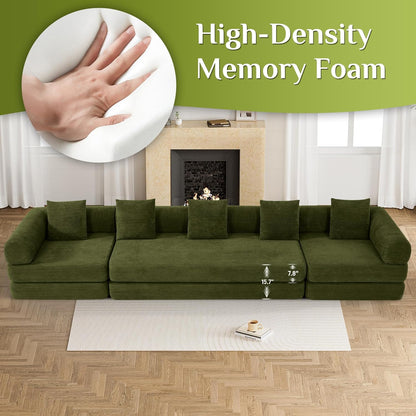 Convertible Sleeper Sofa Bed Set with Pillow, 4-in-1 Corduroy Folding Mattress Boneless Couch with Fixed-Shape Frame, Fold Out Floor Sofa Cama Lounge Couch for Living Room, Olive Green