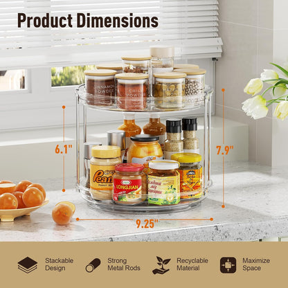 2 Pack 2 Tier Lazy Susan Organizer, 9.25'' Lazy Susan Turntable for Cabinet, Stackable Turntable Organizer Rotating Spice Rack Organization for Kitchen Countertop, Pantry, Bathroom, Clear