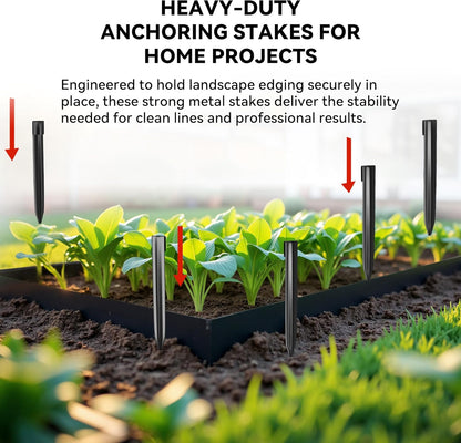 Metal Landscape Edging Stakes, 13Pcs 12Inch Galvanized Steel Garden Stakes Solid Top Curved Anchoring Spikes with Reinforcing Rib, for Corrugated Edge, Terrace Decor, Black