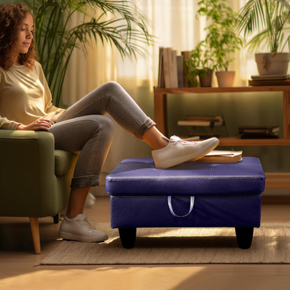 Ottoman Rectangular Storage Ottoman Bench, Faux Leather Footrest, Coffee Table, Stool Footstool with Hinged Lid for Living Room, Bedroom, Entryway, Blue, 28.5"x19"x17.5"