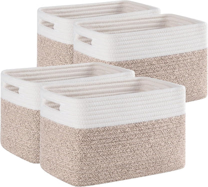 4 Pack Storage Baskets for Organizing, Woven Baskets for Shelves - Perfect for Toys, Books, Towels, and Clothes, Durable Gift Basket Bins Toy Storage, 12.7''Lx9''Wx7.8''H, Brown & White