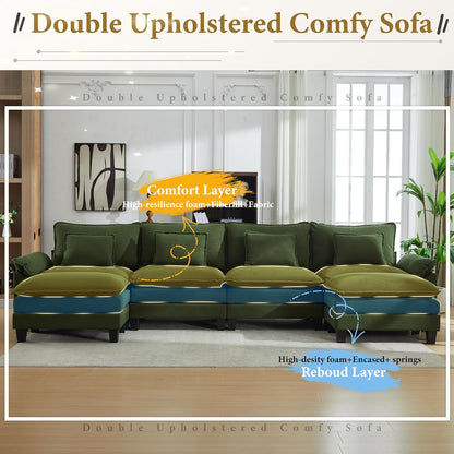 URRED Modular Sectional Sofa Comfy Cloud Couch, Modern Corduroy Sofa Sleeper Deep Seat Couches with Ottoman/Pillows for Living Room (Green, 154'' - U Shape)