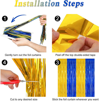 2 Pack Graduation Backdrop, 3.28 FT x 7.05 FT Class of 2025 Decorations, Blue Gold Fringe Curtains Tinsel Backdrop Party Streamer, Metallic Blue and Gold Graduation Decorations 2025