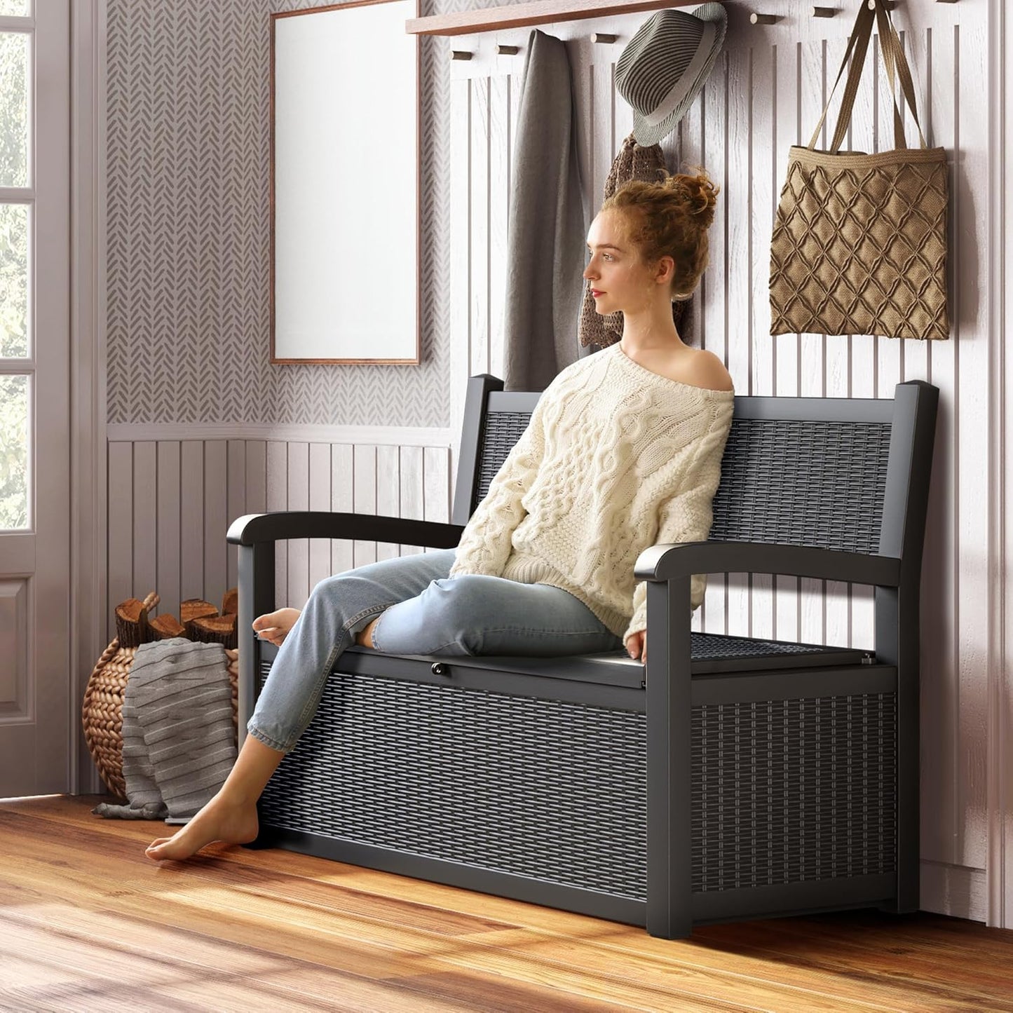 70 Gallon Deck Bench with Storage,Outdoor Storage Box Bench Waterproof&Lockable, Resin Patio Furniture with Armrest for Patio, Porch, Garden,Black