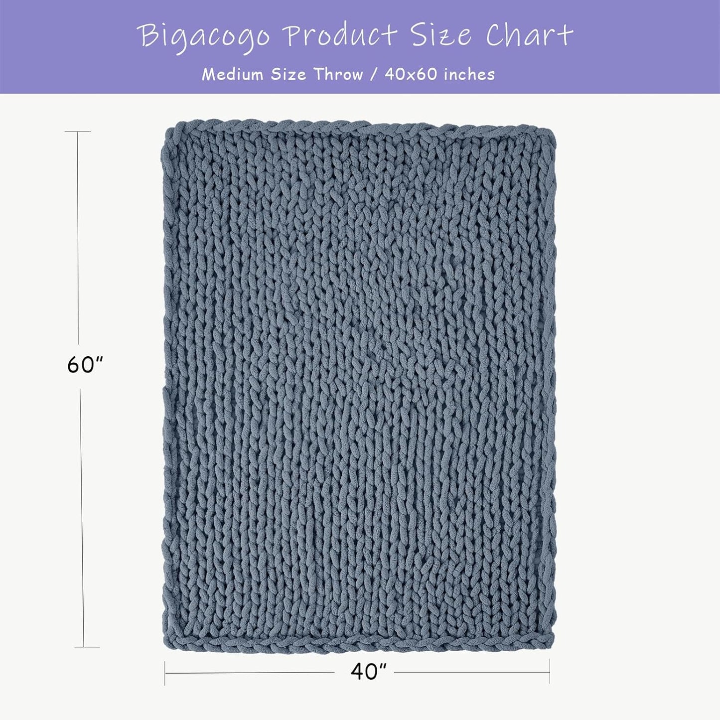 Bigacogo Chunky Knit Throw Blanket for Couch, 40x60 inches, 100% Hand Knitted with Thick Jumbo Chenille Yarn, Cozy Soft Large Rope Knot Cable Crochet Blankets for Sofa Bed Living Room, Cold Sea Blue