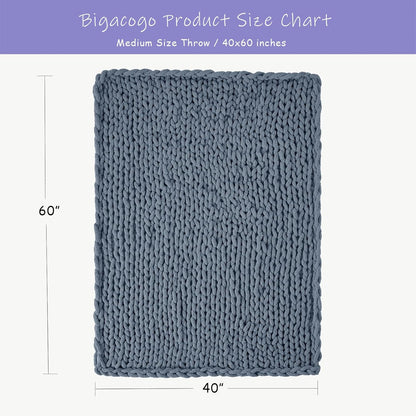 Bigacogo Chunky Knit Throw Blanket for Couch, 40x60 inches, 100% Hand Knitted with Thick Jumbo Chenille Yarn, Cozy Soft Large Rope Knot Cable Crochet Blankets for Sofa Bed Living Room, Cold Sea Blue
