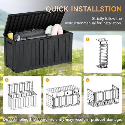 KAMABOKO Deck Box, 75 Gallon Resin Indoor and Outdoor Storage Boxes Waterproof for Garden Tools, Pool Accessories Storage Bench, Patio Furniture and Cushions with Lockable Lid, Black