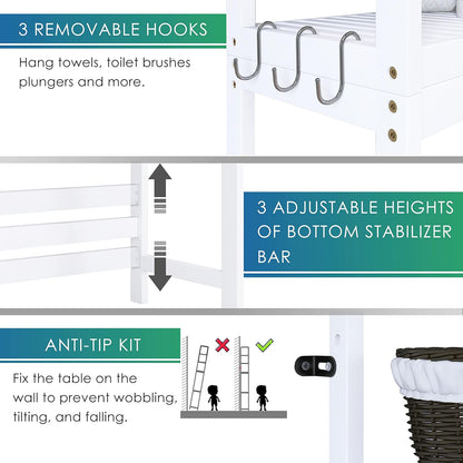 SMIBUY Bathroom Storage Shelf, Bamboo Over-The-Toilet Organizer Rack, Freestanding Toilet Space Saver with 3-Tier Adjustable Shelves (White)