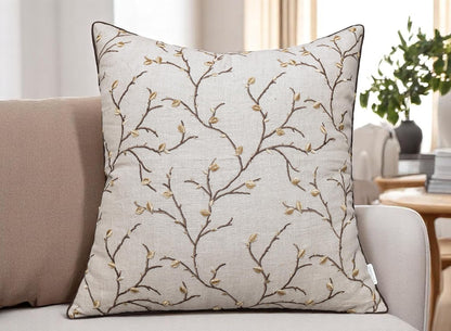 VAGMINE Embroidered Pussy Willow Throw Pillow Cover - 20x20 Inches Square - 100% Linen Natural Throw Pillowcase - Elegant Neutral Floral Design - Minimalist Rustic Home Accent for Sofa, Bed, Lounge