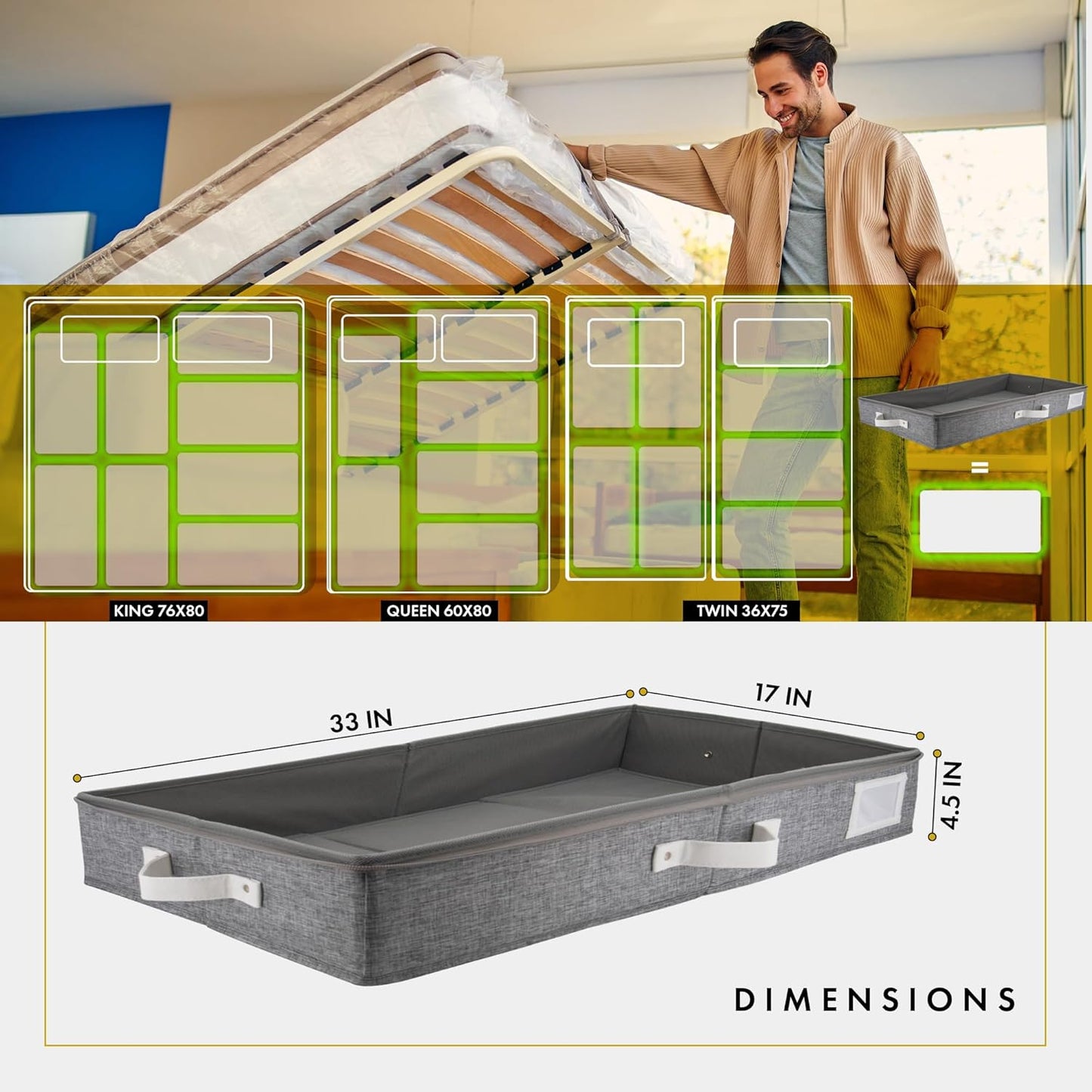 HOMELUX THEORY 2pc Low Profile Under Bed Storage Containers, Thin Under Couch Storage Organizer with Bins & Lids, Underbed Storage Box Ideal for Seasonal Clothes, Blankets, Fabric & Shoes (LightGray)