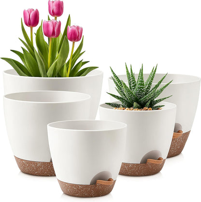 Giraffe Creation Plant Pots Set of 5 (10/9/8/7.5/7 inch), Self-Watering Indoor & Outdoor Flower Planters with Drainage Hole and Reservoir, White