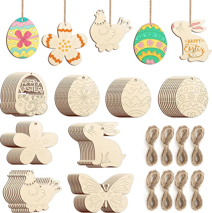 80PCS Wooden Easter Ornaments to Paint, 8 Styles DIY Blank Unfinished Wood Cutouts Ornament for Crafts Hanging Decorations, Egg Rabbit Bunny Butterfly Flower Hen Happy Easter