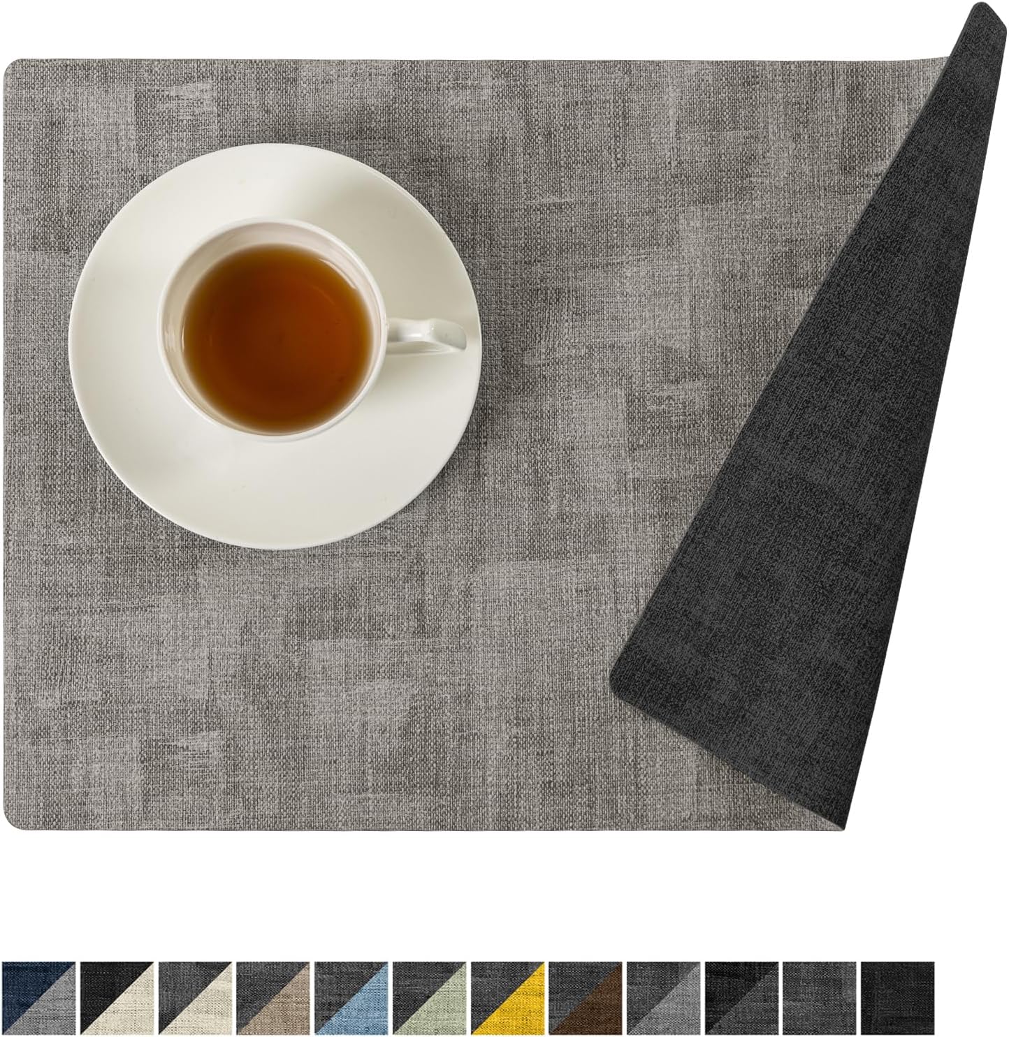 Romanstile Reversible Vinyl Placemats Set of 6, Faux Leather 100% Waterproof Oil-proof Wipeable Place Mats, Heat Resistant Dual Sided Table Mats for Kitchen/Dining/Party (Grey Light Grey, 12 x 17 Inch