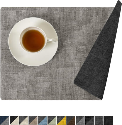 Romanstile Reversible Vinyl Placemats Set of 6, Faux Leather 100% Waterproof Oil-proof Wipeable Place Mats, Heat Resistant Dual Sided Table Mats for Kitchen/Dining/Party (Grey Light Grey, 12 x 17 Inch