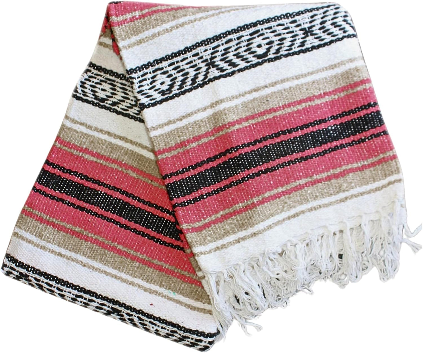 Del Mex Classic Mexican Blanket, Large Authentic Woven Falsa Throw (70"x50"), Artisan Southwest Décor for Beach, Yoga, Outdoors (Pink/Tan)