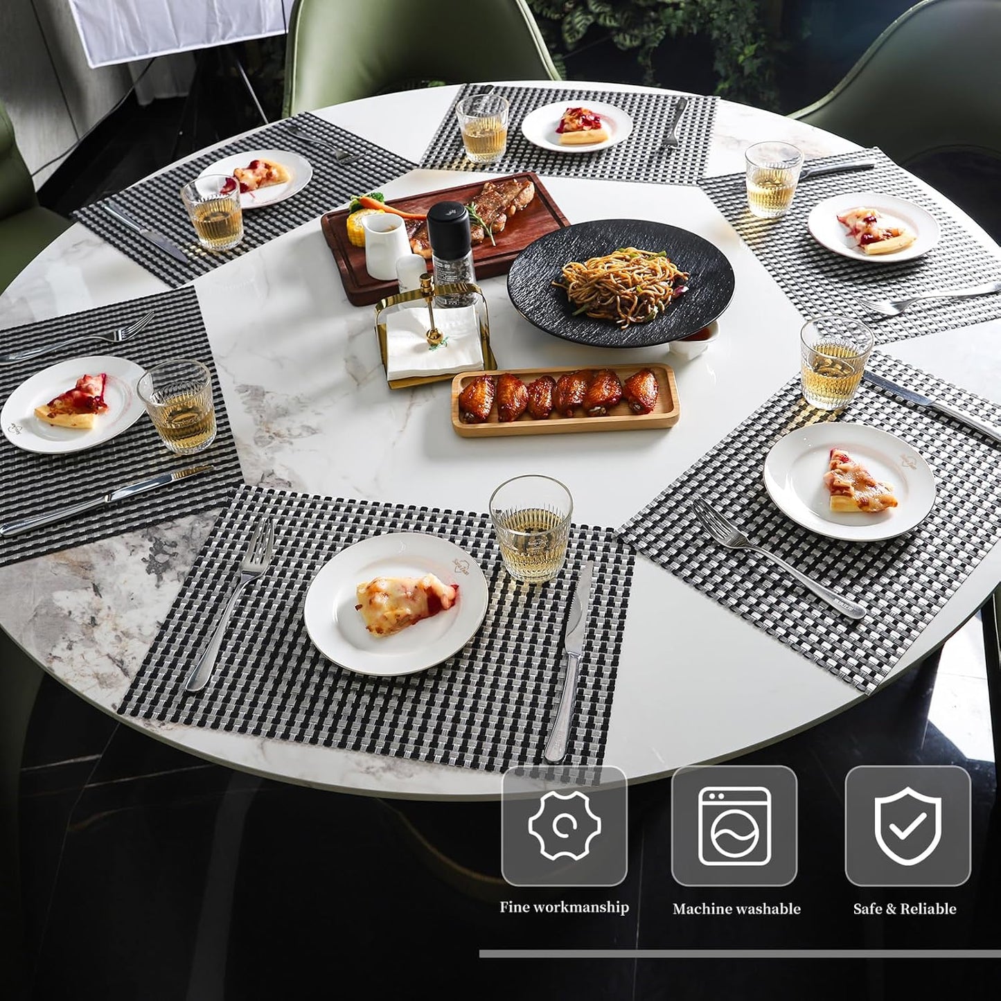 Vinyl Plastic Placemats Set of 6 Washable Heat Resistant Non-Slip Elegant Indoor Outdoor Kitchen Dining PVC Woven Table Place Mats (Black Silver Weaving)