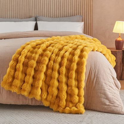 Lotus Karen Faux Fur Throw Blanket Ginger Yellow - Big Bubble Rabbit Fluff Blanket for Couch Bed Sofa,Softest Fluffy Fuzzy Cozy Blanket,Thick Furry Plush Shaggy Warm Blankets for Women,108x90 Inches