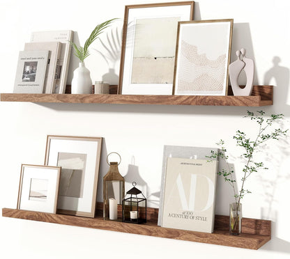 Fun Memories Picture Ledge Shelves Set of 2, 24 Inch Rustic Wall Mounted Floating Shelves with Lip for Home Storage and Décor in Bathroom, Kitchen, Nursery, Bedroom, Living Room, Walnut