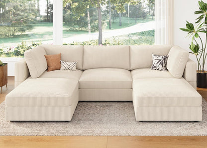 HONBAY Modular Sectional Sofa with Storage Corduroy U Shaped Sofa Modular Sectional Couches for Living Room,Beige
