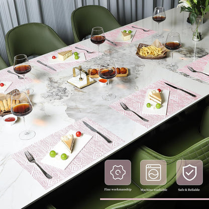 Vinyl Plastic Placemats Set of 6 Washable Heat Resistant Non-Slip Elegant Indoor Outdoor Kitchen Dining PVC Woven Table Place Mats (Red Pink Squares)