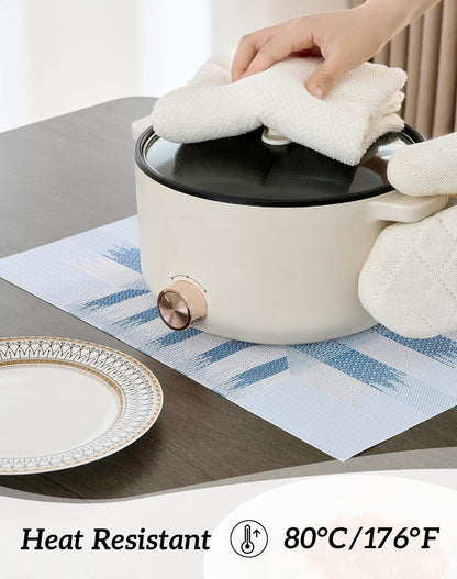 Leetaltree Geometric Print Blue Placemats Set of 8 - Heat Resistant Non-Slip Place mats for Dining Table, Washable Durable PVC Vinyl Woven Table Mats (Geometric Blue, 8)