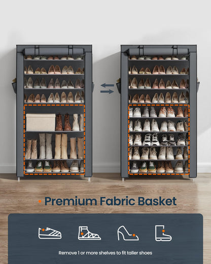 SONGMICS HOME Shoe Rack 10-Tier, Tall Narrow Metal Shoe Organizer with Dust Cover, 11.2 x 33.3 x