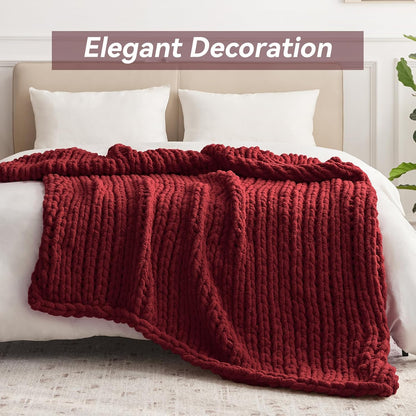 Chunky Knit Throw Blanket, 30''*40'' Knitted Throw Chenille Yarn for Bed Couch, Handmade Red Crochet Big Thick Blanket, Machine Washable Cute Comfy Blanket for Home Decor