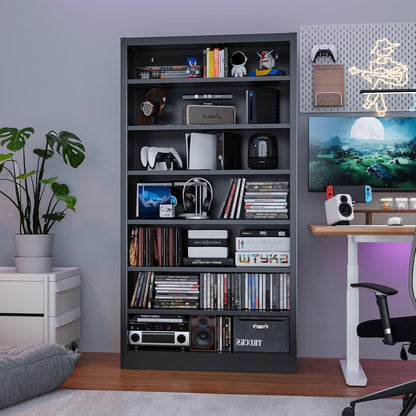Metal DVD Storage Cabinets, 7-Tier CD Storage Rack with Adjustable Shelves, DVD Organizer Shelf, Media Shelves for CD Holder, Books, Games, Black Book Shelf for Living Room & Home Office (Black)