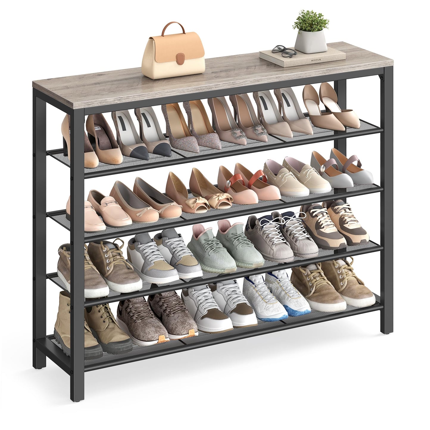 VASAGLE INDESTIC Shoe Rack, Organizer for Closet with 4 Mesh Shelves and Large Top for Bags