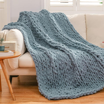 WESHIONGOO Chunky Knit Blanket Throw 50"×60" Knitted Throw Blankets for Couch Bed Fluffy Soft Blanket with Jumbo Chenille Yarn Thick 100% Handmade(Dusty Blue)