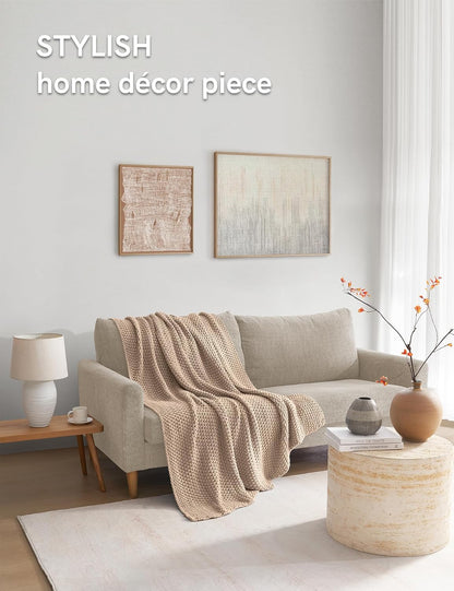 YnM Chunky Cotton Knit Throw Blanket, Cable Knit Throws for Bed Couch Sofa, Comfy & Relaxing, Decorative Piece for Farmhouse Modern Boho Rustic Scandinavian Chic Vibe, Beige 60x80 Inches