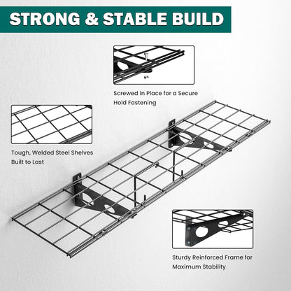 EVERHANGER Garage Wall Shelves, 12 X 48 Inch Wall Mounted Storage Shelves, Heavy Duty Metal Shelving with Hooks, 2 Pack, Black