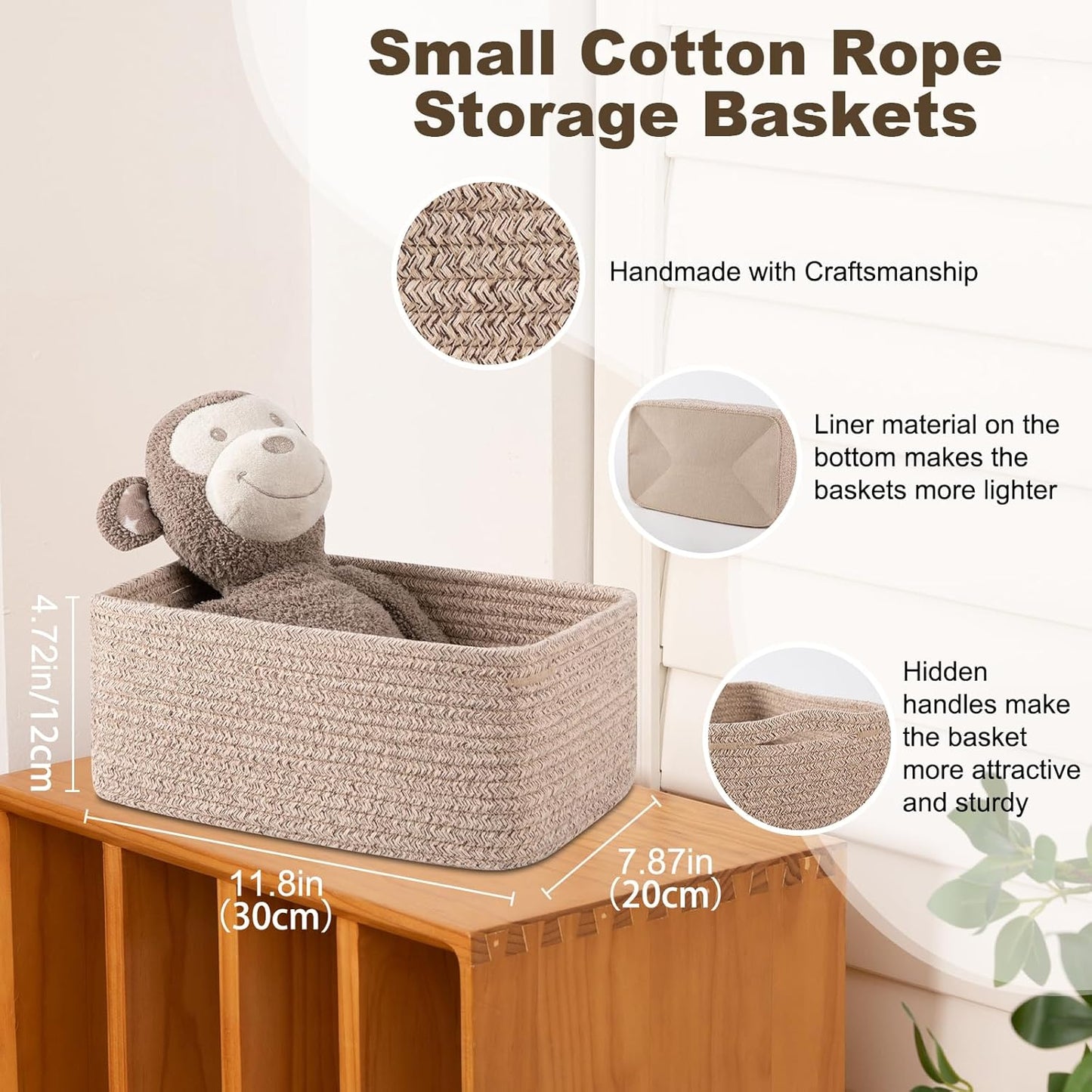 3 Pack Small Storage Baskets for Organizing, Cute Woven Decorative Gift Baskets for Shelves, Mini Closet Organizer Bins with Handles, 11.81''Lx7.87''Wx4.72''H-Brown