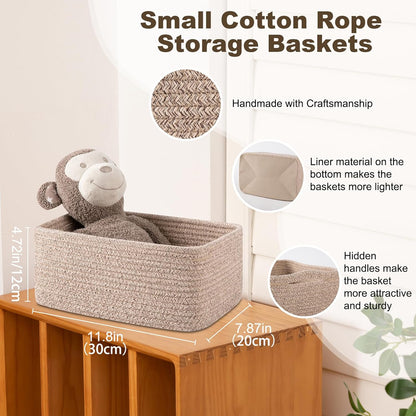 3 Pack Small Storage Baskets for Organizing, Cute Woven Decorative Gift Baskets for Shelves, Mini Closet Organizer Bins with Handles, 11.81''Lx7.87''Wx4.72''H-Brown