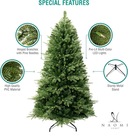 Naomi Home 4.5ft Christmas Tree with Multi-Color Lights, Realistic Fir with Colored Lights with Controller, 810 Branch Tips, 300 Colorful Lights and Metal Stand, Pre Lit Tree
