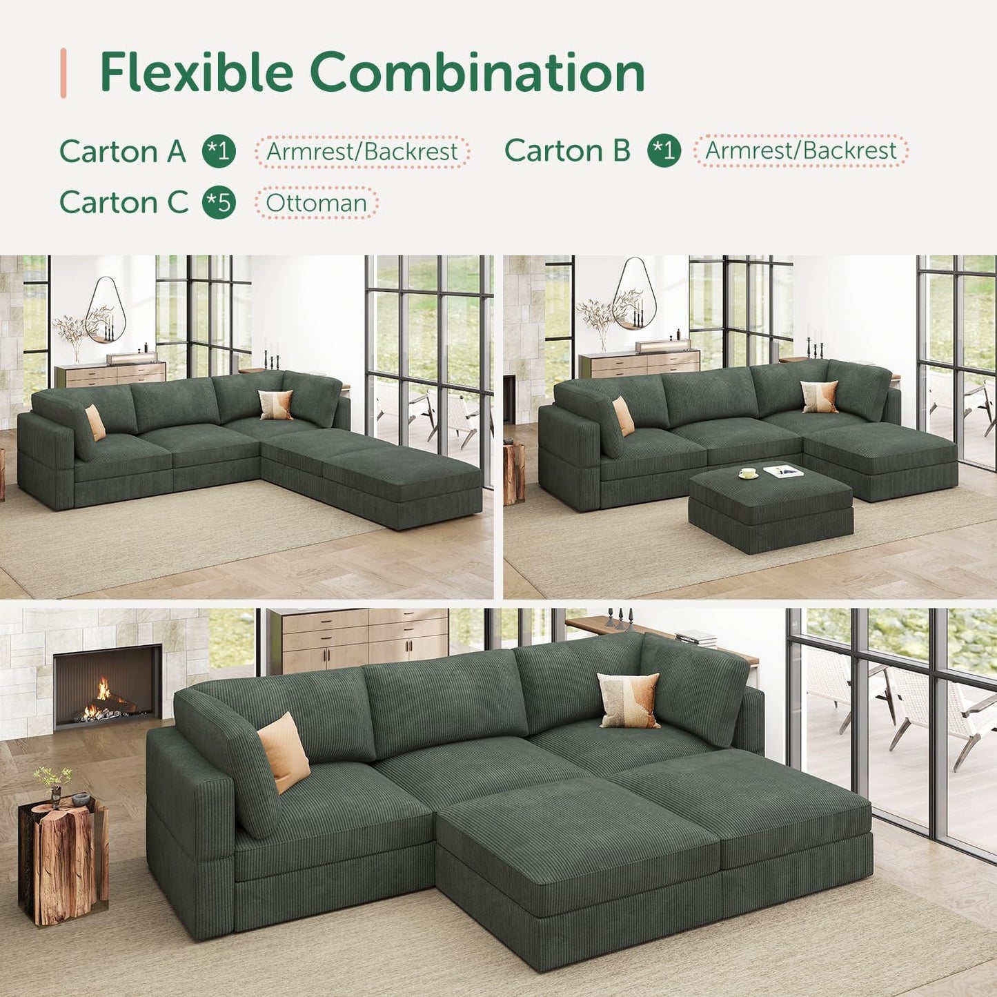 HONBAY Modular Sectional Sofa with Storage Corduroy U Shaped Sofa Modular Sectional Couches for Living Room,Green