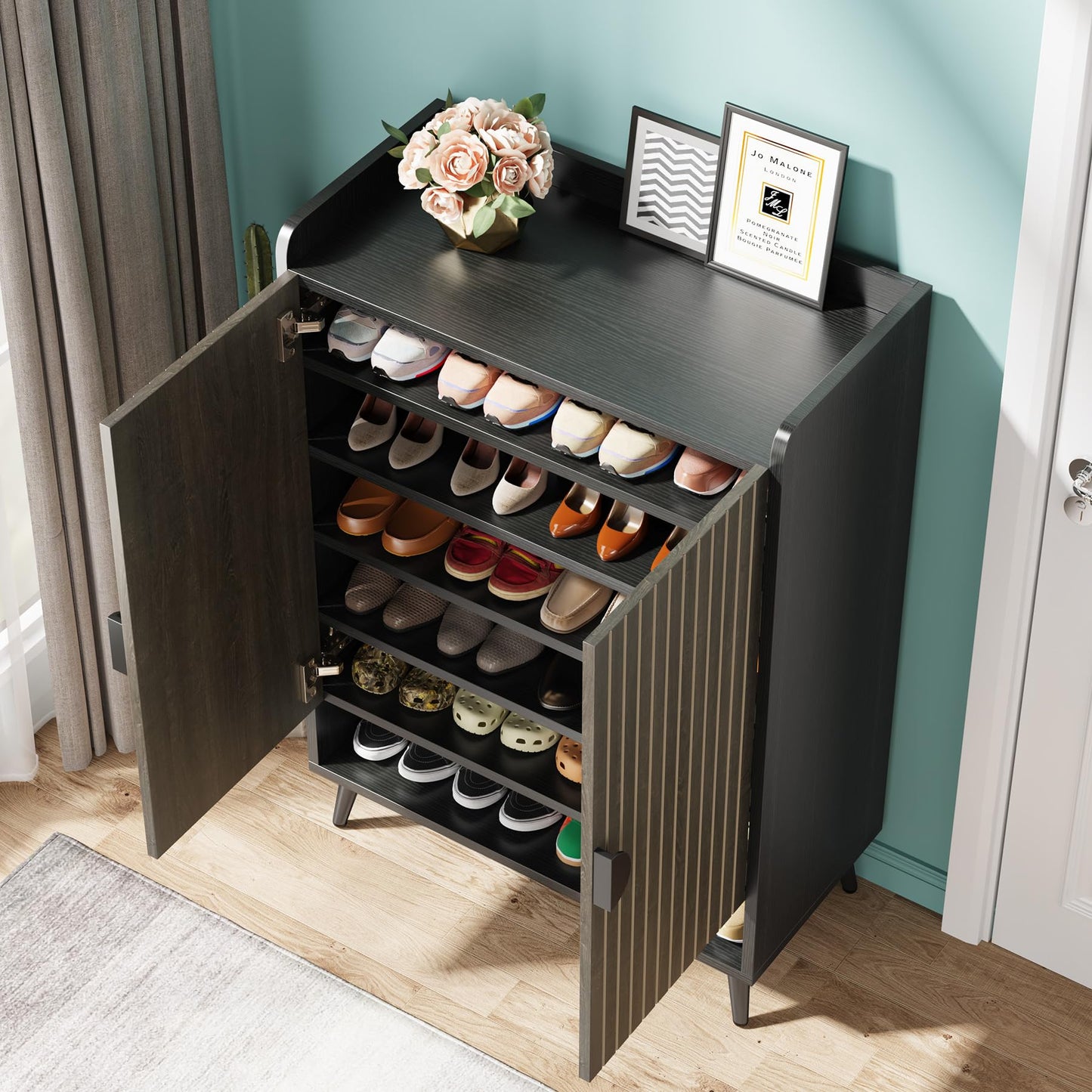 Tribesigns Shoe Cabinet with Doors, 7-Tier Shoe Storage Cabinet with Adjustable Shelves, Wooden