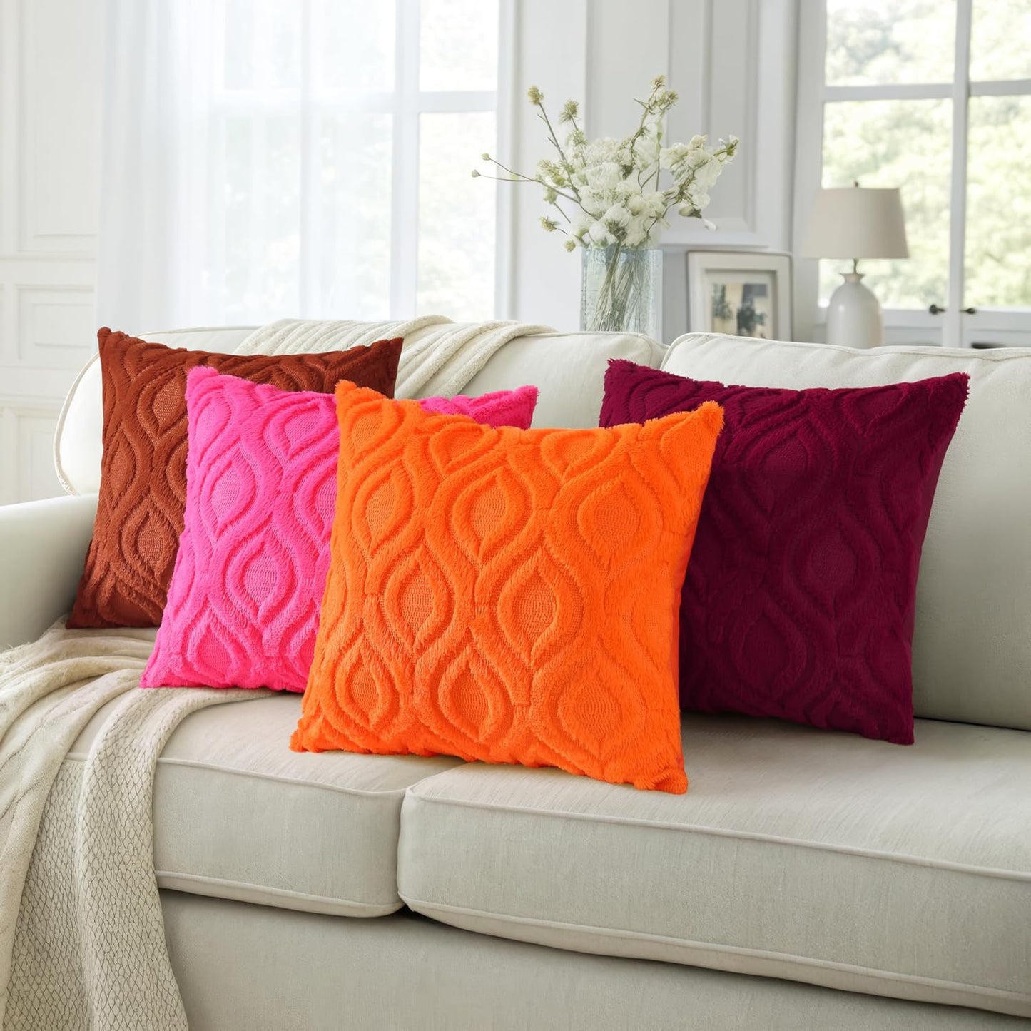 decorUhome Fall Throw Pillow Covers 22x22 Inch Set of 2, Soft Plush Decorative Faux Fur Hot Pink Solid Couch Pillow Covers, Accent Farmhouse Neutral Square Euro Pillow Cases for Sofa Bed Living Room