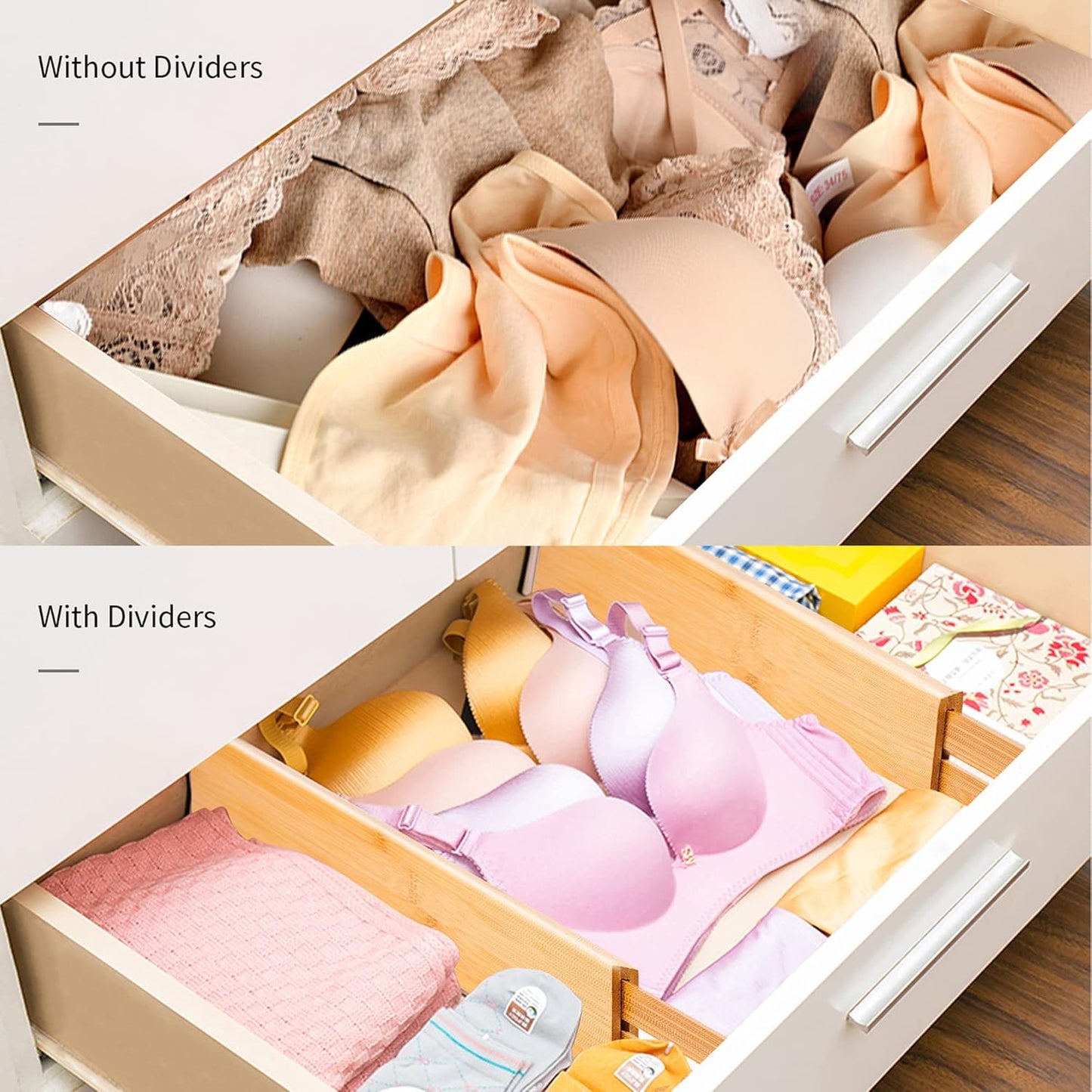 Utoplike Small Bamboo Kitchen Drawer Dividers(Fits 15"-17.7" Drawer Inner Size), 4 PCS Adjustable Drawer Organizers for Socks, Spring Loaded, Works in Drawer for Bedroom, Dresser