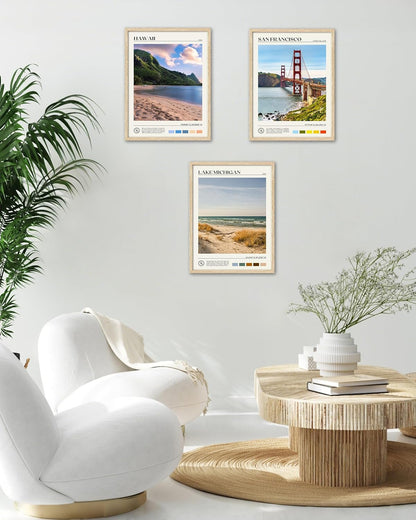 HesenDot Natural OAK Wood Lake Michigan Framed Wall Art,12x16in Natural Scenery Canvas Wall Print,Classic Urban City Landmark Wall Decor for Living Room,Bedroom,Office Gallery Gifts Set of 1