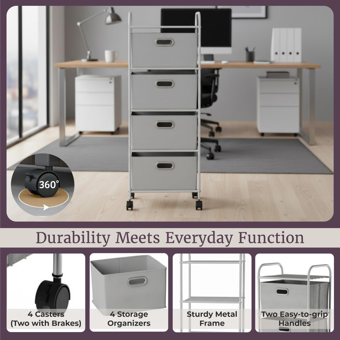 Lavish Home 4-Drawer Fabric Dresser, Gray/Silver, 16.5” x 12” x 45”
