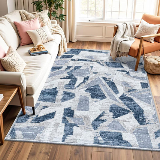 Modern Abstract Blue 5X7 Area Rug for Living Room Bedroom Washable, with Non-Slip Rubber Backing Print Faux Wool Thin, Throw Large Carpet for Kids Playroom Dining Room Pet & Child Friendly
