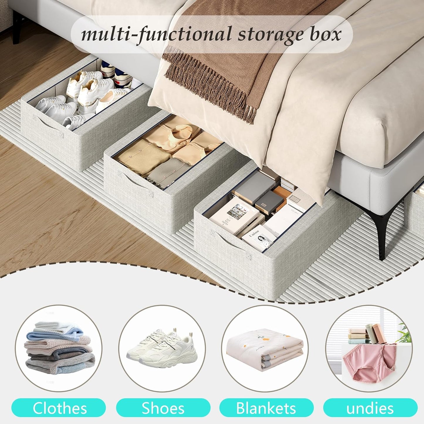 3PCS Under Bed Storage Bins with Metal Frame, Linen Fabric Frame Storage Box Clothes Organizer Bins, Underbed Container with Clear Window (Beige, 15.7 x 13 x 6IN)