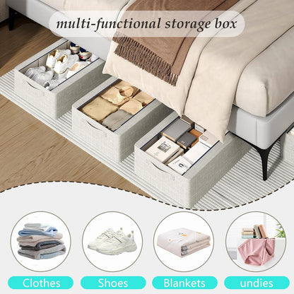 3PCS Under Bed Storage Bins with Metal Frame, Linen Fabric Frame Storage Box Clothes Organizer Bins, Underbed Container with Clear Window (Beige, 15.7 x 13 x 6IN)